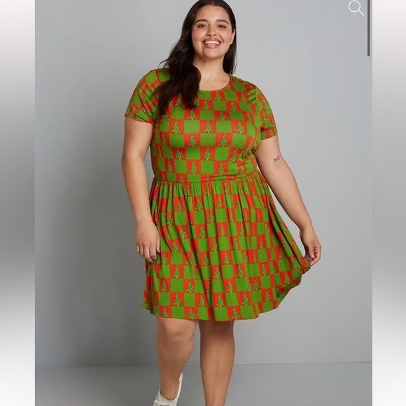 Modcloth Plus Size 2X Checked Tree Knit Dress Christmas NEW - Picture 1 of 3
